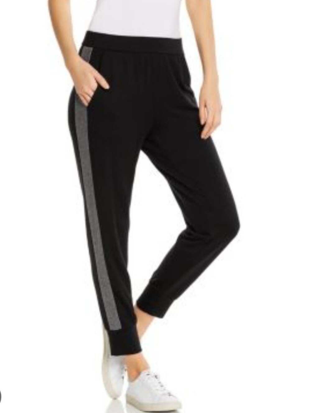 Eileen Fisher Women's Black Gray Track Stripe Knit Joggers Pockets Size Medium.